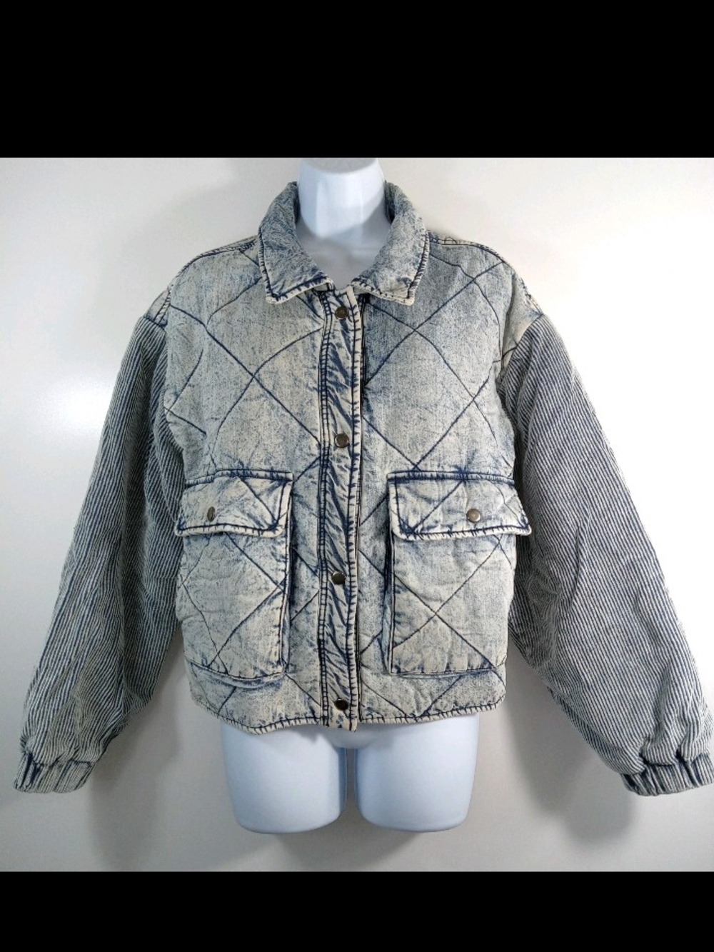 Vintage Havana Acid-Wash Quilted Cotton Puffer Jacket in Light Blue and Navy